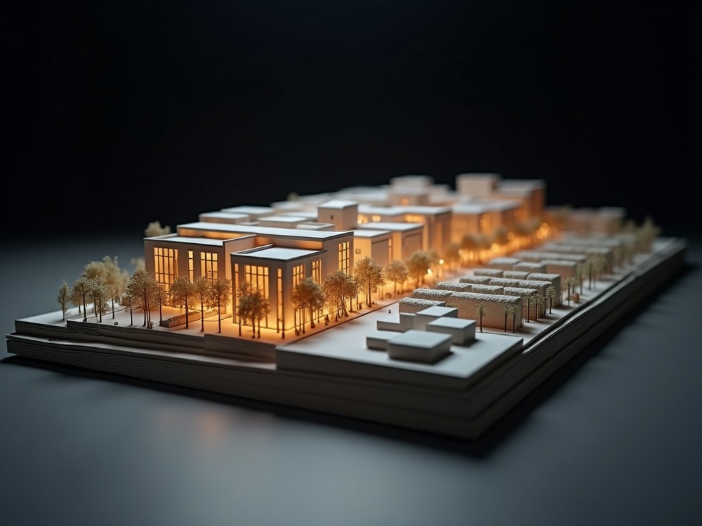 Detailliertes Architekturmodell eines Mixed-Use-Quartiers