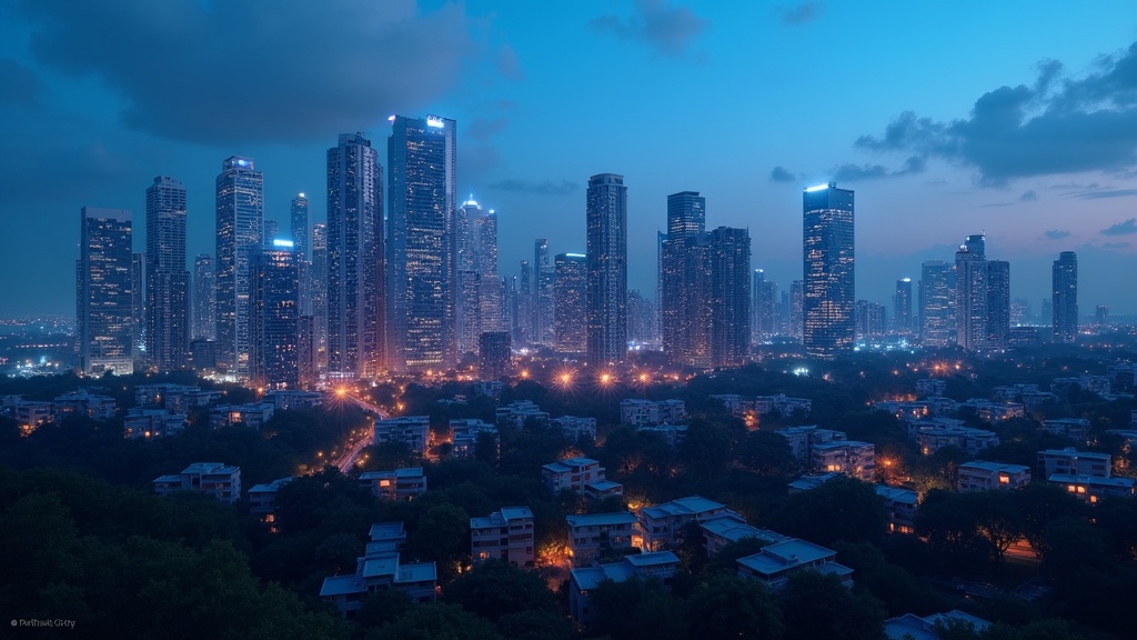 Immobilien-Skyline zur blauen Stunde