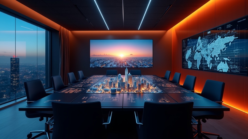 Eleganter Projektentwickler-Boardroom mit beleuchtetem Stadtmodell in Navy-Tönen